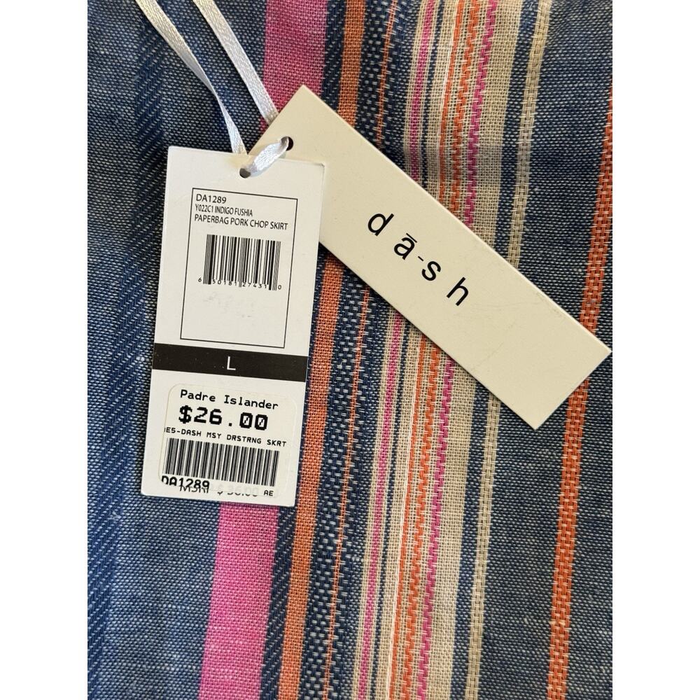 Dash Linen Blend Mini Skirt Women's Large Coral Navy Stripe Drawstring Pockets - Picture 3 of 4